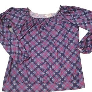 Jrs lg plaid top mock buttons banded bottom elastic wrists puckered neck…